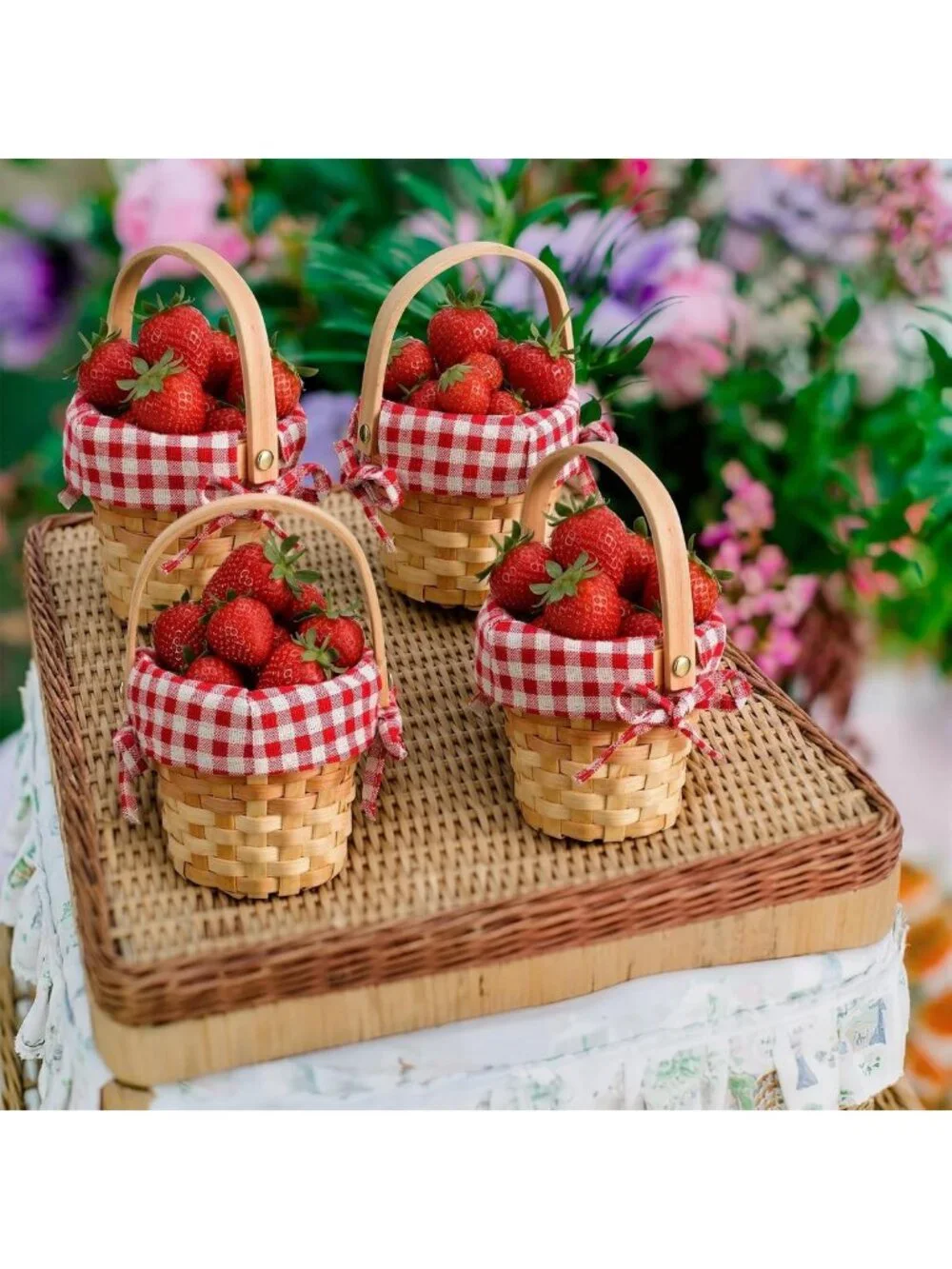 Set of 6 Mini Wooden Baskets with Handles - Red Plaid Decorative Storage Bins